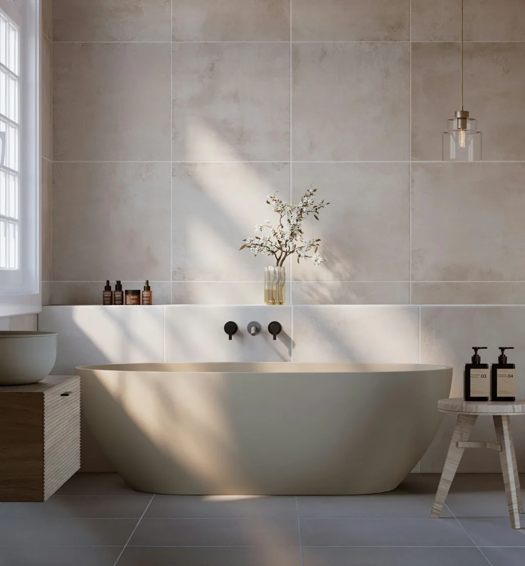 Upscale bathroom with freestanding tub, warm tile and sophisticated natural light