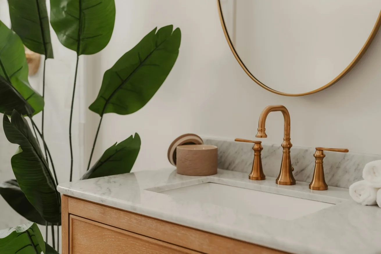 Refined bathroom sink with brass faucet, marble counter and decorative greenery